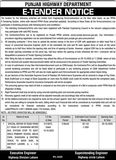 Punjab Highway Department Lahore Tender Notice